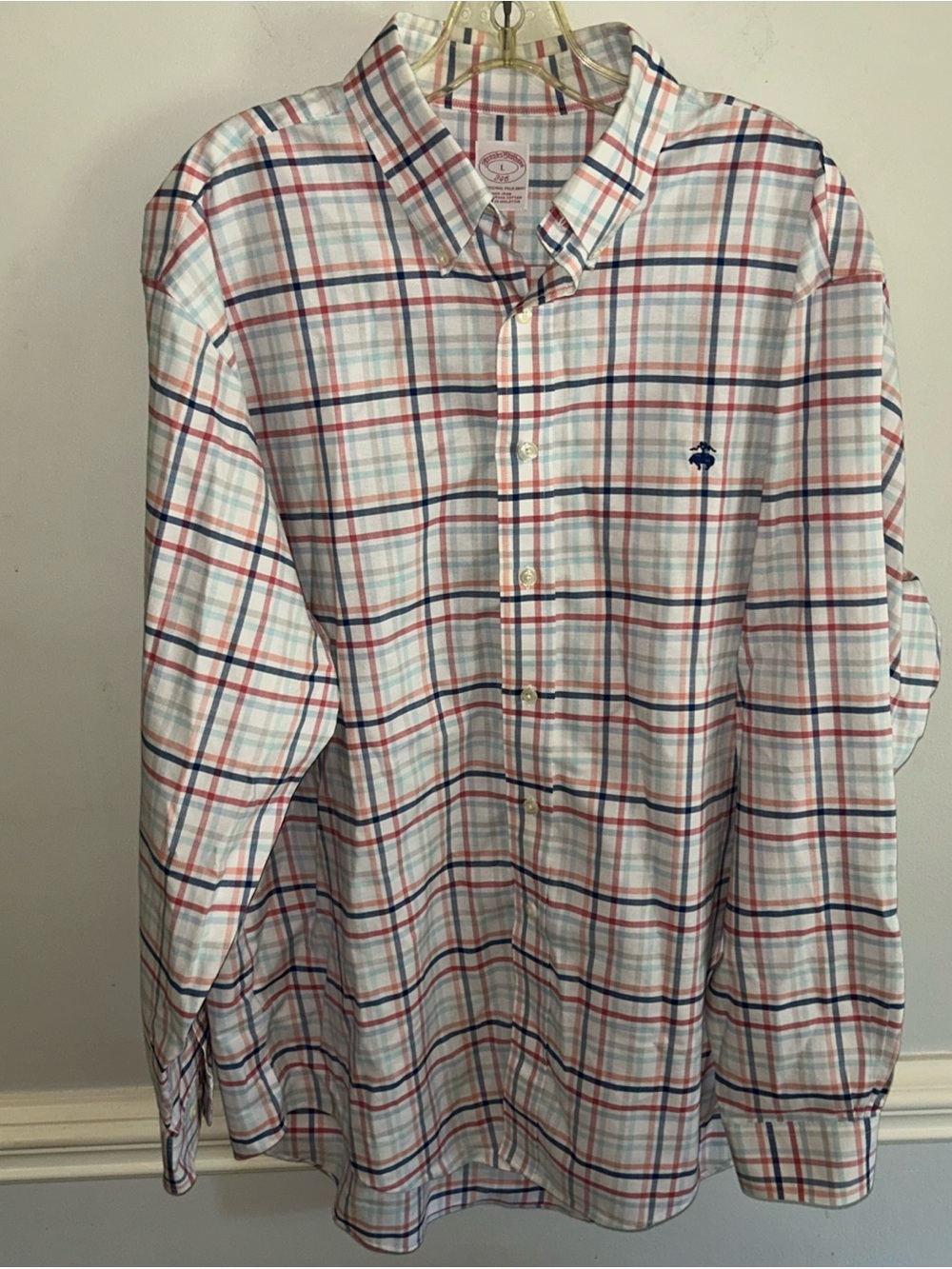 Brooks Brothers White Button-Down Plaid Shirt with Navy & Red